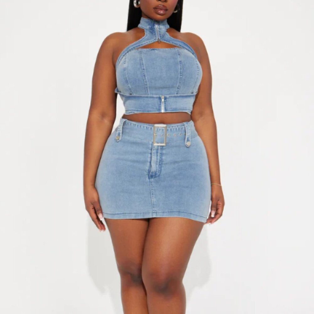 Fashion Nova Skort Set Women's Size XL Light Wash Stretch Denim Let Me Adore You